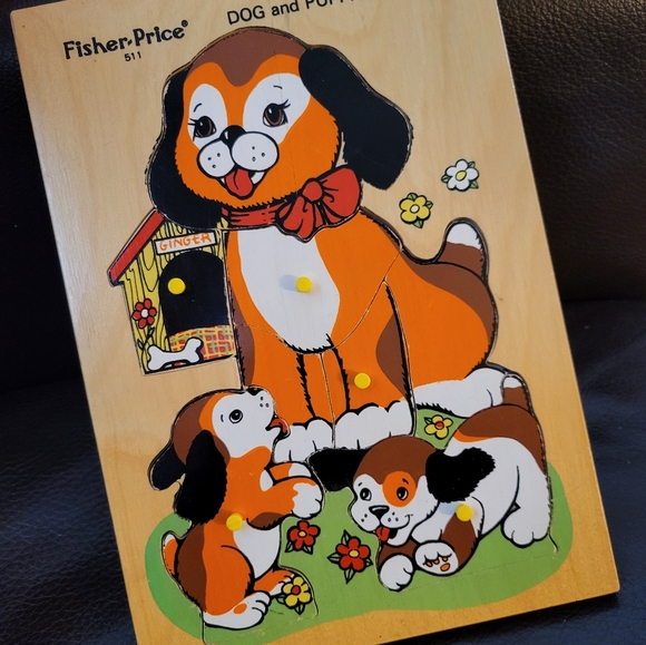 Vintage 1982 Fisher Price Dog & Puppies Wood Peg 8 Pc Puzzle #511 Collectible - Picture 3 of 4